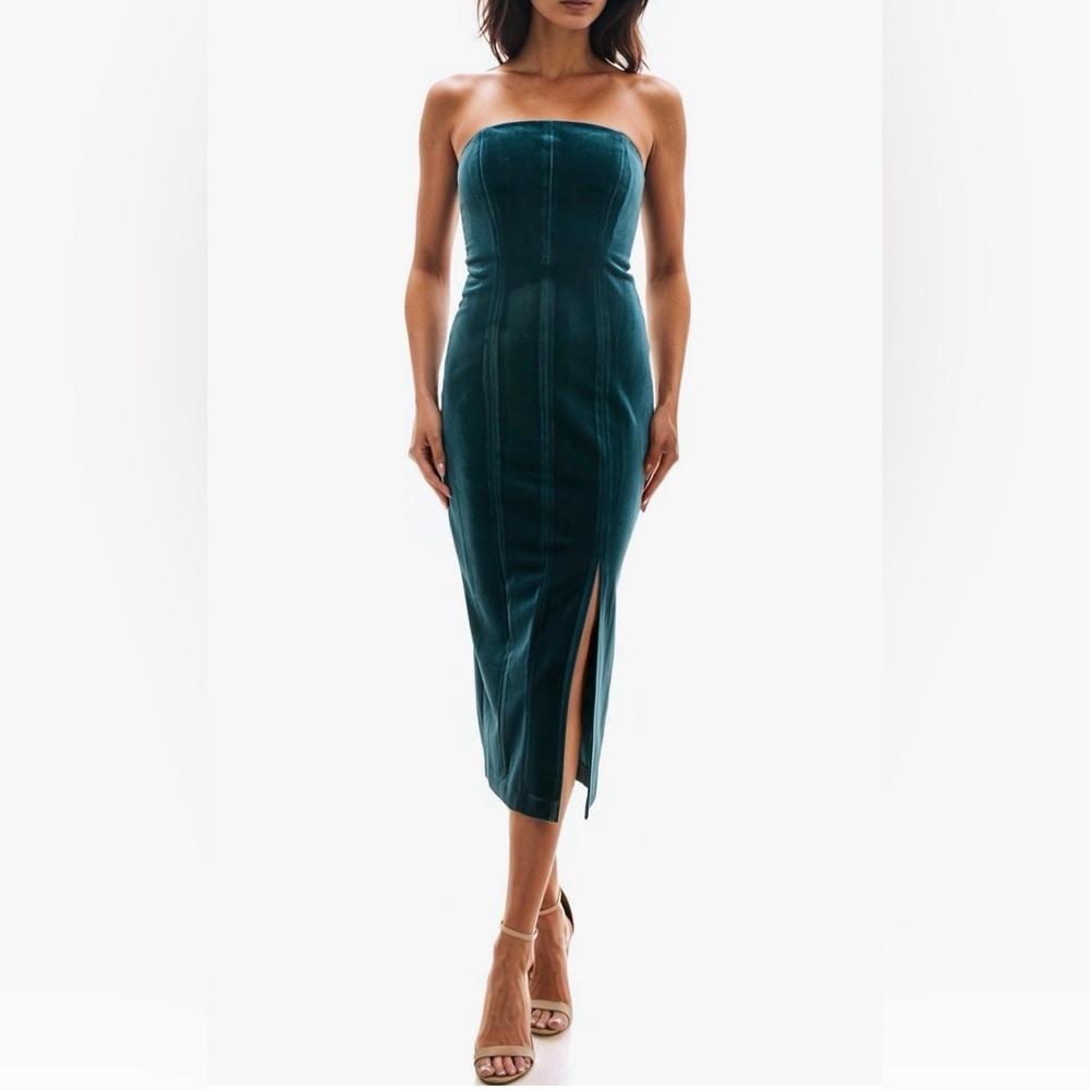 Socialite Deep Teal Strapless‎ Sheath Velvet Midi Dress